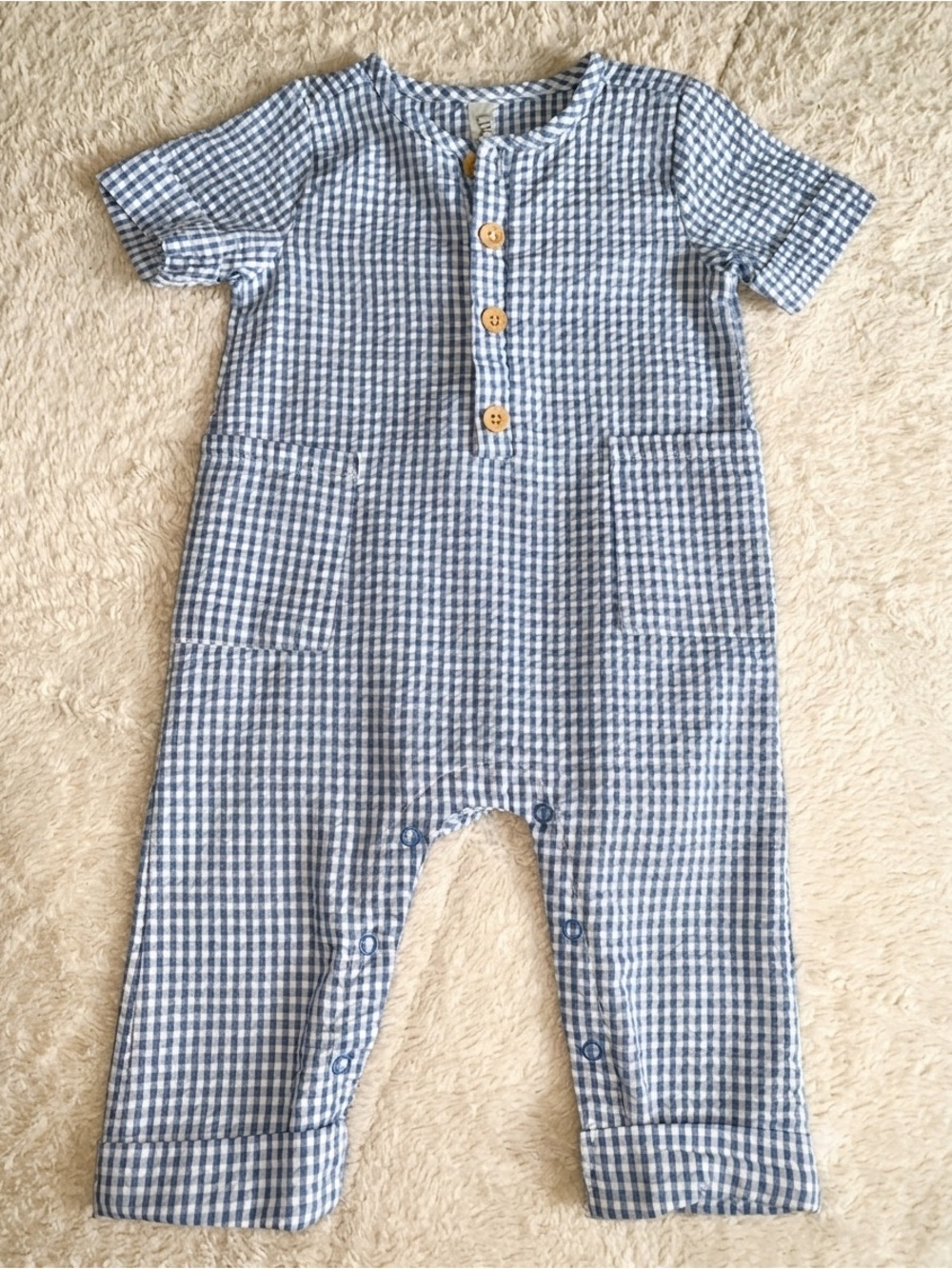 Liam & James Blue Gingham Seersucker Romper 6-9M EUC